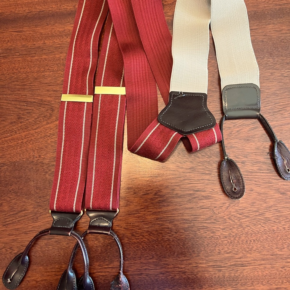 Burgundy suspenders.